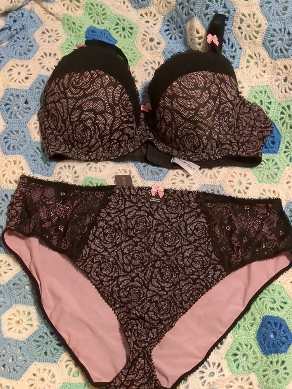 Addition Elle Black and Pink Rose Lace Bra & Brief Set